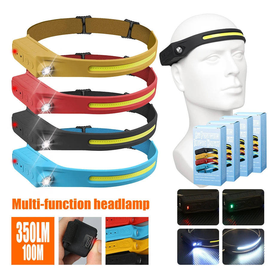 Headlamp - ไฟหน้าแบบชาร์จไฟได้ 350 ลูเมนเซ็นเซอร์ตรวจจับความเคลื่อนไหวไฟหน้า LED ไฟฉาย IP65