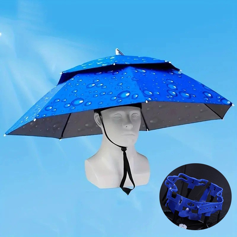 Outdoor Camping Umbrella - หมวกกันแดดแบบพับได้สองชั้น ปรับได้ ใช้สำหรับตกปลา กิจกรรมกลางแจ้ง ตั้งแคมป์ เดินป่า