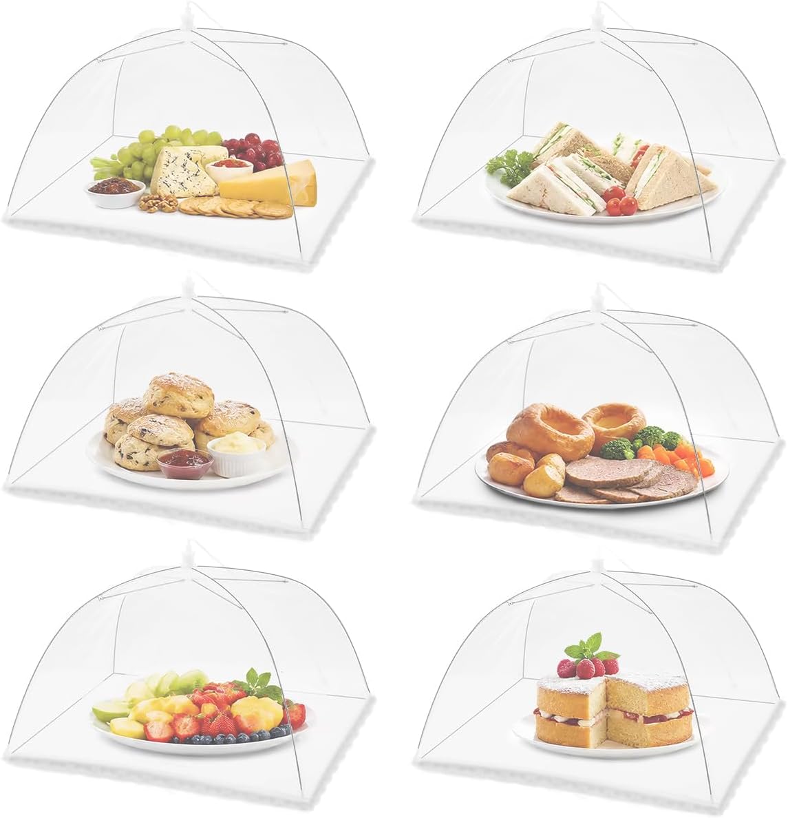 Outdoor Camping Umbrella - (6 ชิ้น) ผ้าคลุมอาหารแบบตาข่ายทรงร่มสำหรับปิกนิกกลางแจ้งและตั้งแคมป์ ป้องกันแมลงวันและยุง ใช้ซ้ำได้ พับเก็บได้
