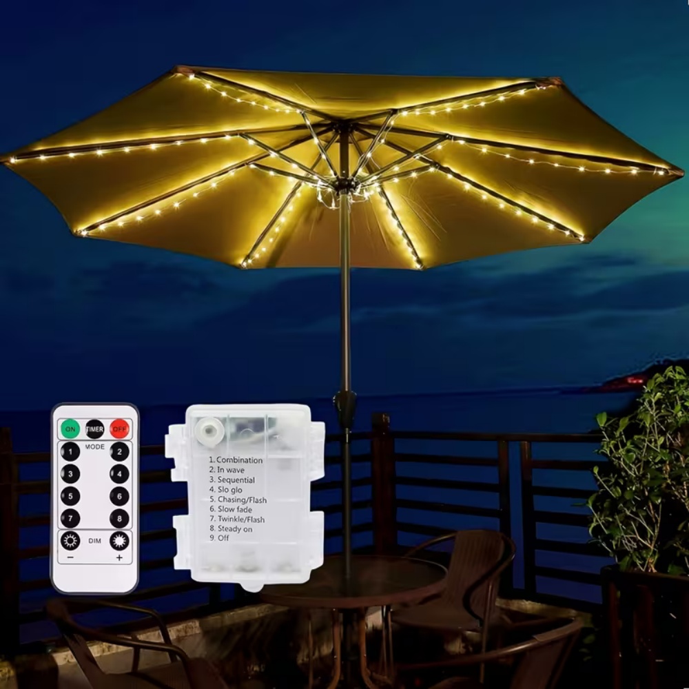 Outdoor Camping Umbrella - 1PC ร่มกลางแจ้งไร้สาย 104LED พร้อม 8 โหมดและรีโมทสำหรับลานสวนแคมป์ปิ้งเต็นท์ชายหาดปาร์ตี้ตกแต่ง