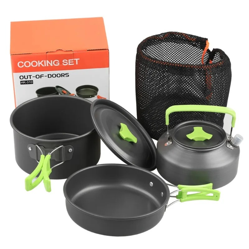 Outdoor Camping Games - ชุดทำอาหารสำหรับตั้งแคมป์, ชุดเครื่องครัวสำหรับกิจกรรมกลางแจ้ง, ชุดเครื่องครัวอะลูมิเนียมแบบพกพา หม้อ ชาม กาต้มน้ำ