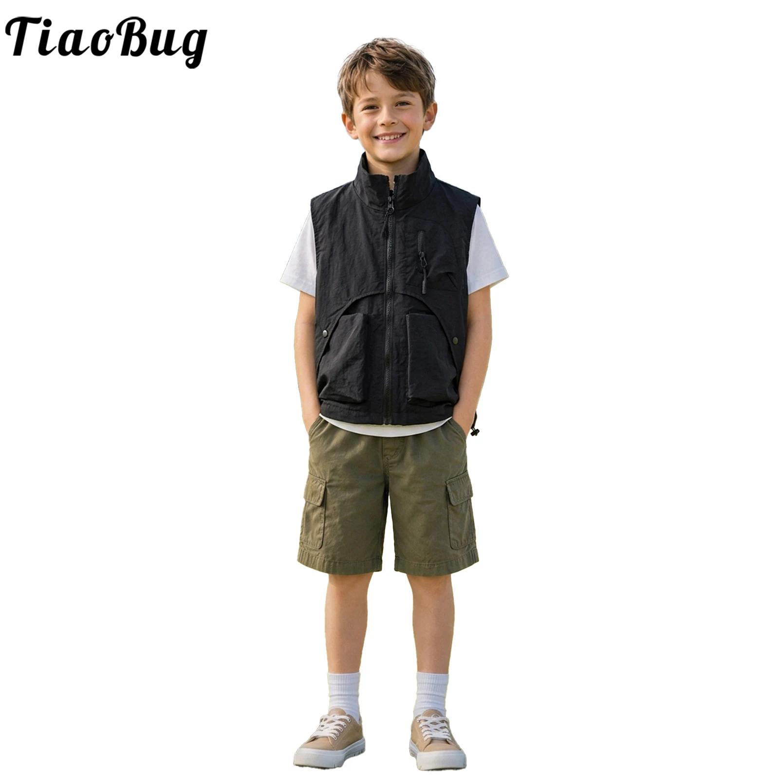 Outdoor Camping Kids Activities - เสื้อกั๊กคาร์โก้ซิปแฟชั่นสำหรับเด็กผู้ชาย คอตั้ง แขนกุด เสื้อคลุมสำหรับเดินป่า ตกปลา ตั้งแคมป์