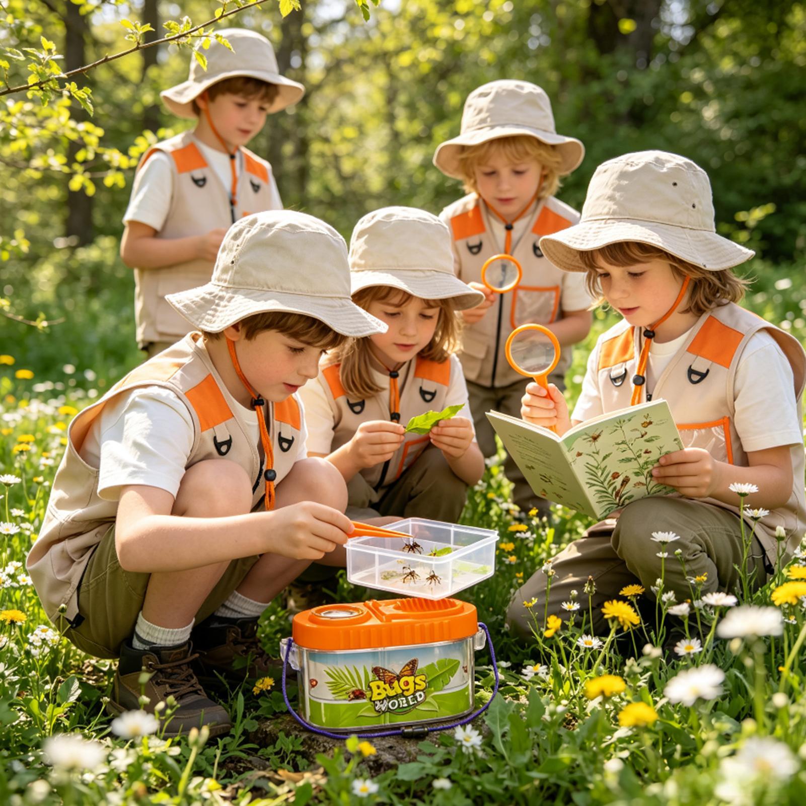 Outdoor Camping Kids Activities - ชุดอุปกรณ์ผจญภัยสำหรับเด็กพร้อมแว่นขยาย หมวกน้ำหนักเบา ชุดวิทยาศาสตร์สำหรับเด็ก ชุดจับแมลงและตั้งแคมป์สำหรับเด็กชายและเด็กหญิงสำหรับกิจกรรมกลางแจ้ง