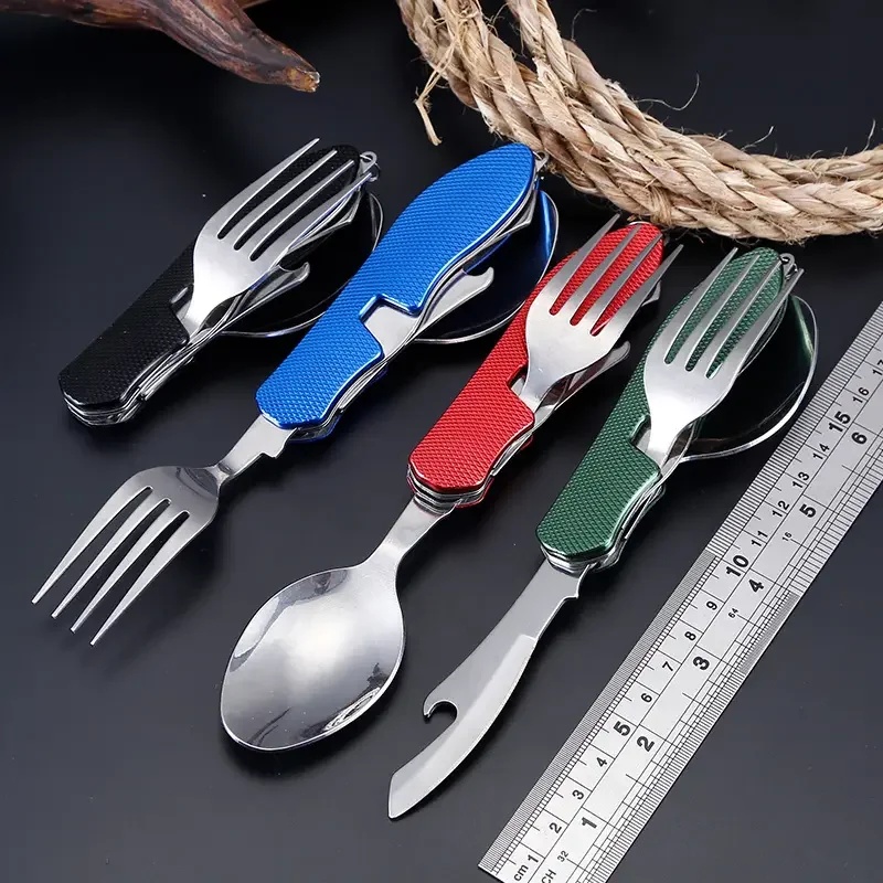 Outdoor Camping Games - ชุดช้อนส้อมสแตนเลส 4in1 สำหรับปิกนิกกลางแจ้ง มีด ส้อม ช้อน