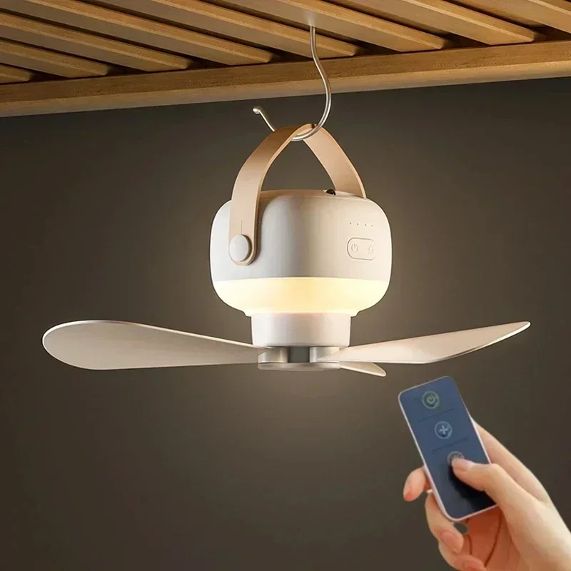 Outdoor Camping Light Ideas - พัดลมเพดานไร้สายขนาดเล็กแบบพกพา พร้อมไฟ USB รีโมทคอนโทรล ใช้เป็นโคมไฟตั้งโต๊ะ ไฟกลางคืน
