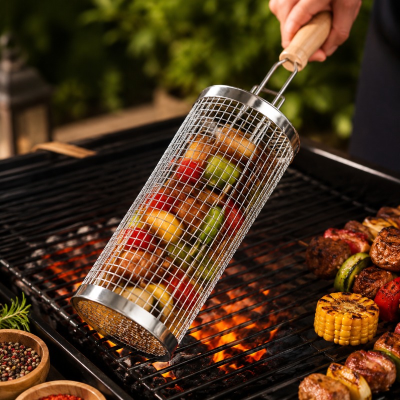 Outdoor Camping Kit - ชุดตะกร้าย่างบาร์บีคิวทรงกลม สแตนเลส ตะแกรงเหล็กกลิ้งพร้อมท่อและด้ามจับ อุปกรณ์จำเป็นสำหรับการตั้งแคมป์กลางแจ้ง