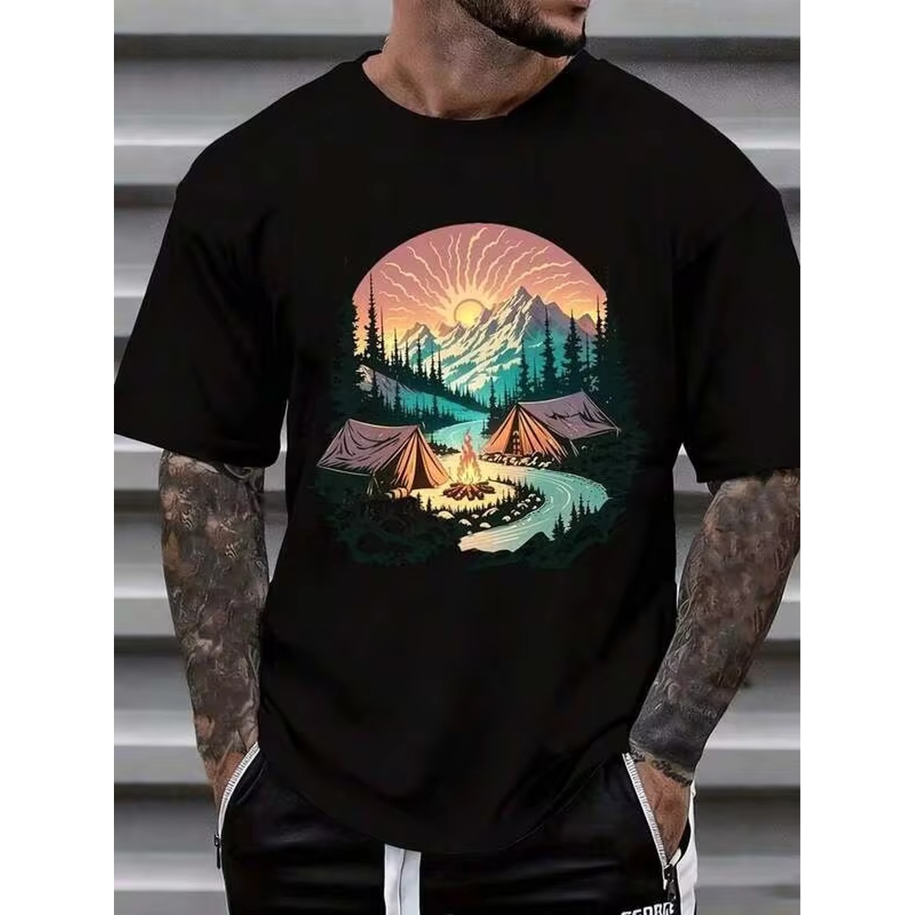 เสื้อยืดลายกราฟิกฉากพระอาทิตย์ - Outdoor Camping Adventures บทวิจารณ์และราคา